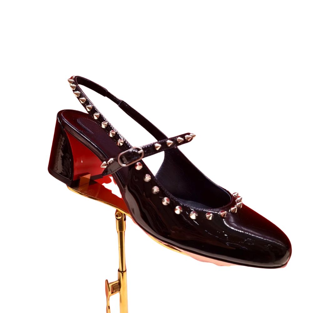 Women's Black Patent Leather Studded Mary Jane Slingback Block Heel Sandals, Edgy Evening Party Footwear---168-12