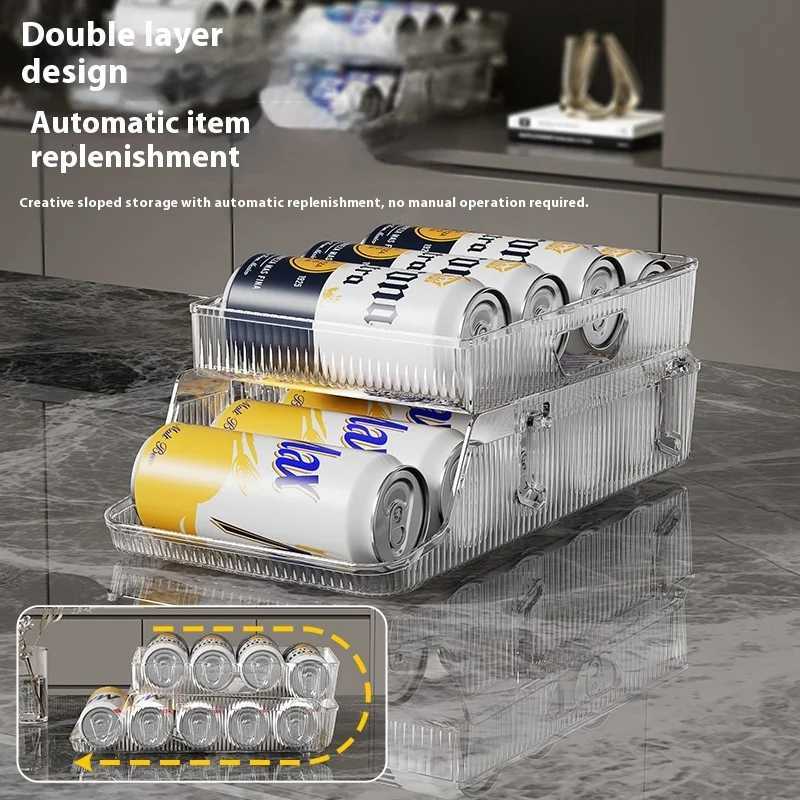 Large Capacity Kitchen Refrigerator Can Storage Rack Dual Layer Foldable Beverage Organizer Automatic Slide Out Boxes Y251126