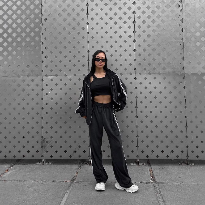 BOOFEENAA Spring 2020 Casaul Tracksuit Women 2 Piece Set Top And Pants Satin Striped Patchwork Zipper Sexy Sweatshirt Sweat Suit CX200707