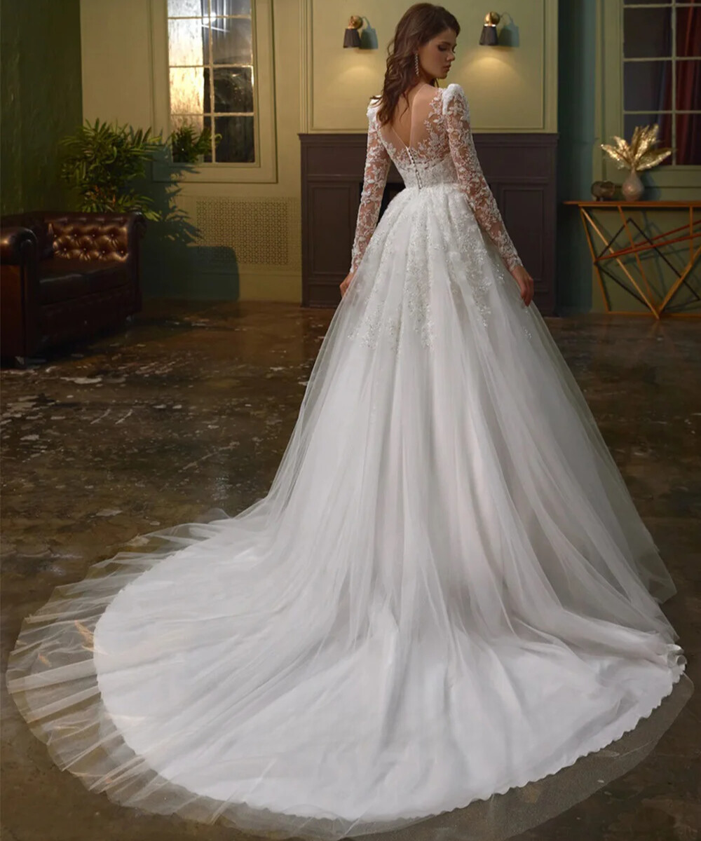 Beading Short Wedding Dress A-Line O-Neck Full Sleeves Lace Appliques Sequined Beads Satin Bride Gowns Vestidos de Novia 01