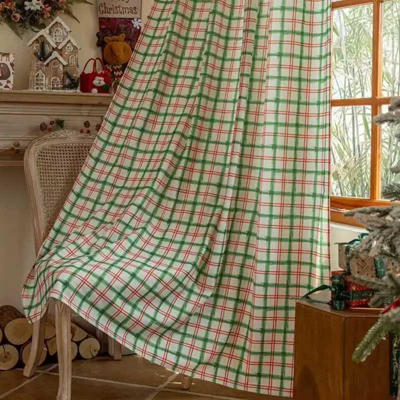 Christmas 1pc Christmas Green Red Plaid Curtain Festive Window Decor for Holiday Living Room Dining Room Y251126