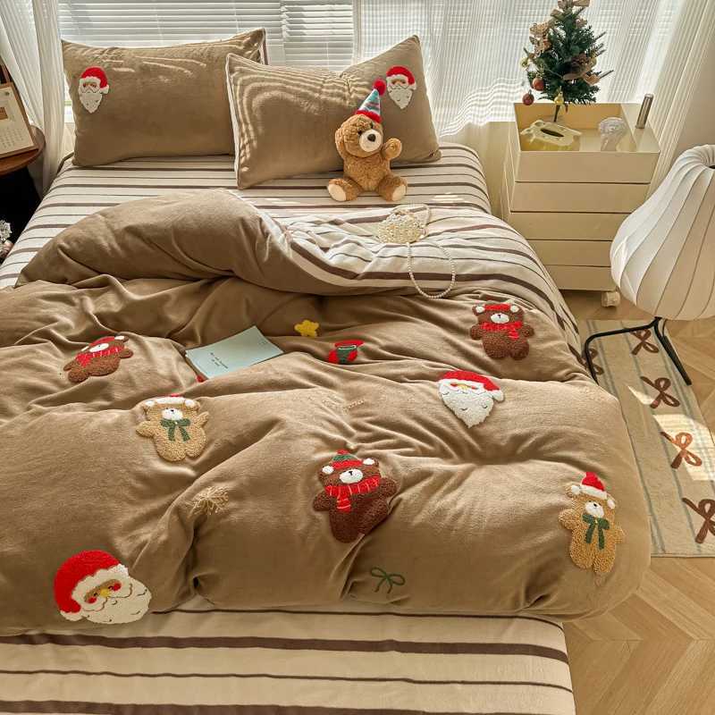 Christmas Brown Cute Christmas Bear Embroidery Bedding Set Single Double Queen Size Duvet cover Set Bed Sheet Pillowcases Christmas Gifts Y251126