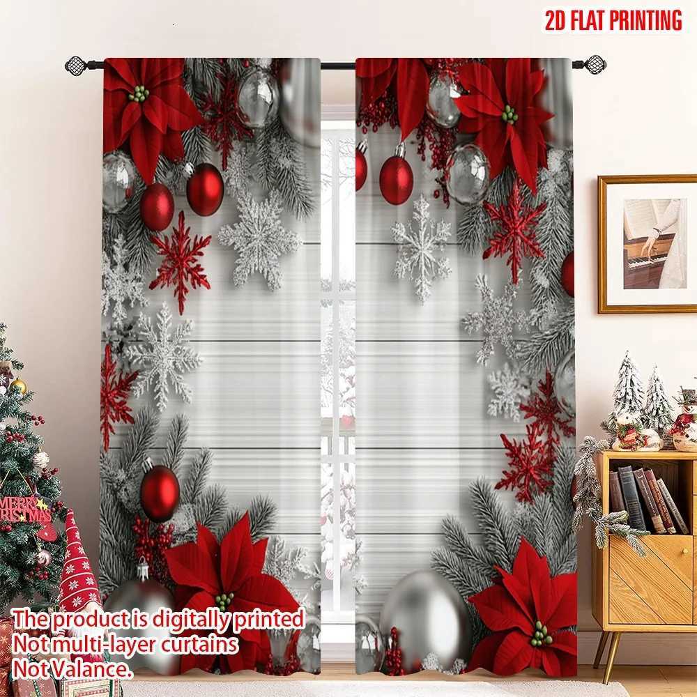 Curtain Christmas 2pcs 2D flat printing Merry Christmas Window Curtains Christmas Ornaments Red Silver Snowflakes 2 Polyester Without Y251126