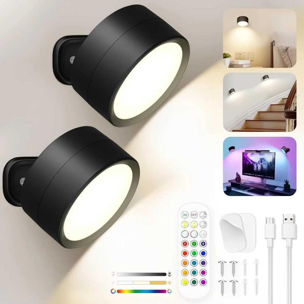 2PC LED Wall Mounted Lights with Remote Wireless Magnetic Wall Sconces 3 Color Dimmable Rechargeable for Bedroom Bedside Light M251126