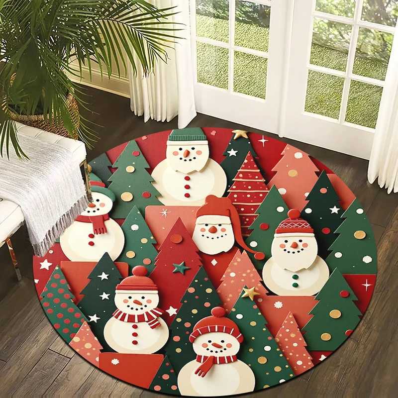 1pc Snowman Christmas Tree Round Mat - Red/Green/Golden Winter Mat with Non-Slip Backing Machine Washable Soft Mat for RoomM251126