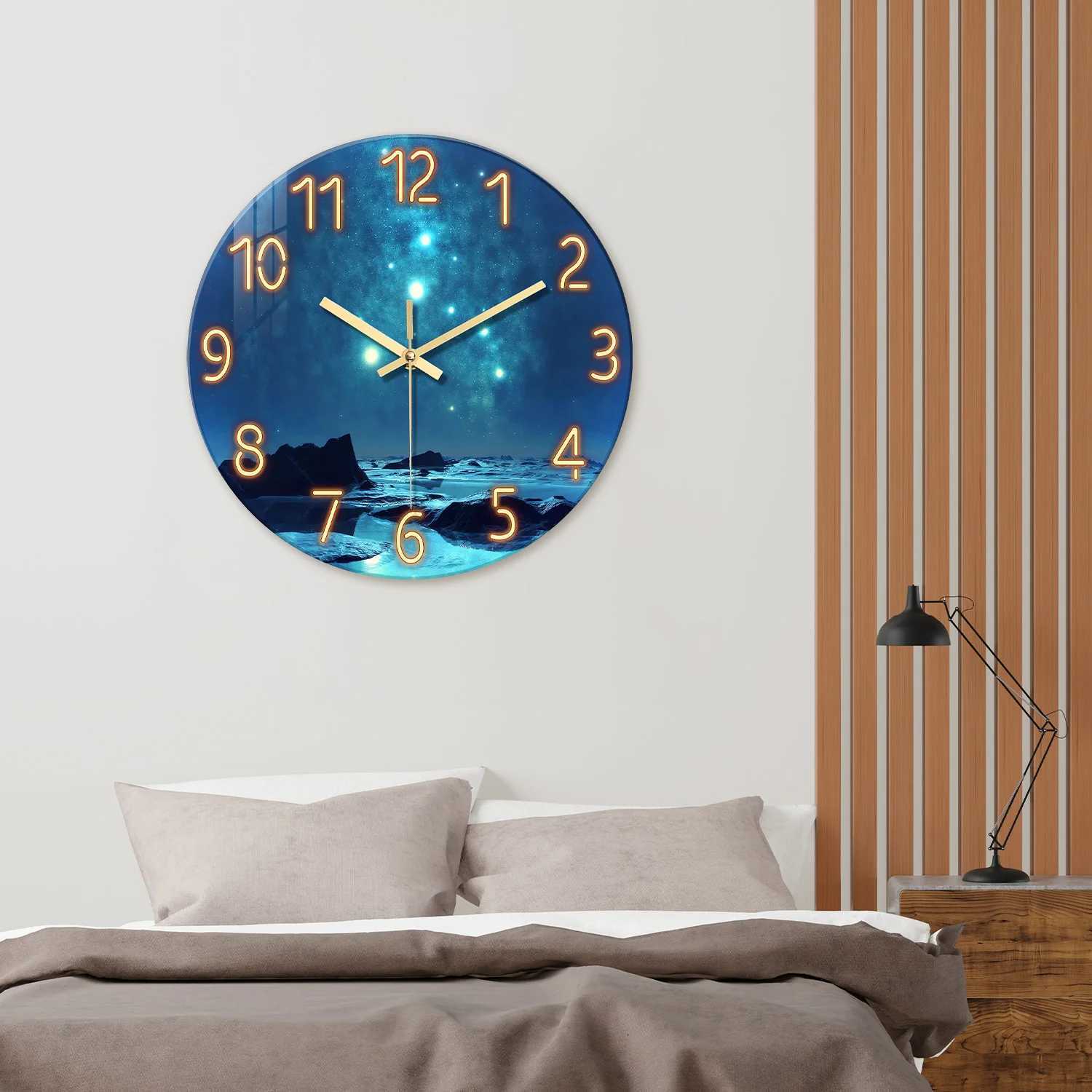 1pc glass wall clock Blue star Mountain River sea design wall clock home mute wall clock decoration living room bedroom C251126
