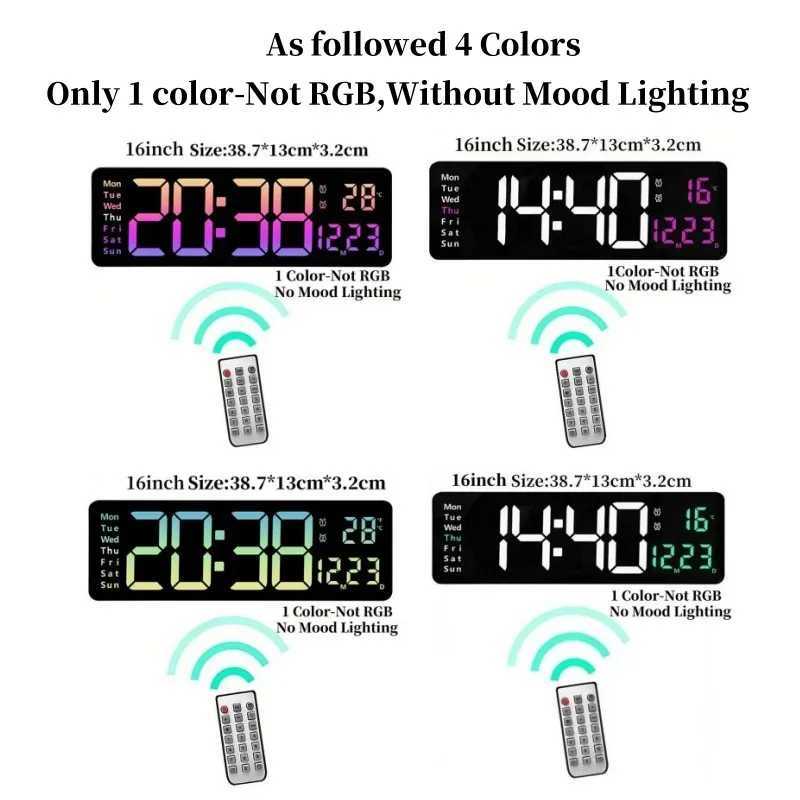 16 Inch Large Digital Wall Clock with Remote Control Mood Light 8 Clors RGB Dual Alarm Timing Countdown 12/24H LED Alarm Clock C251126