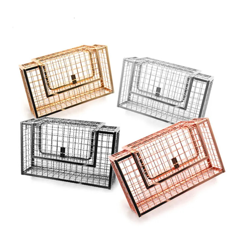 Metal Hollow Fashion Women Shoulder Handbags Crossbody Bags Party Evening Bag Box Clutches Metallic Cage Chain Purse 250425