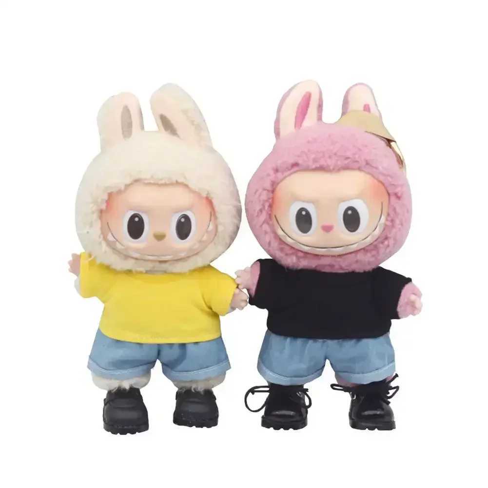 Used for 17cm Labubu idol doll casual doll clothing Labubu 10cm Cotoon doll T-shirt denim shorts set clothingT250425