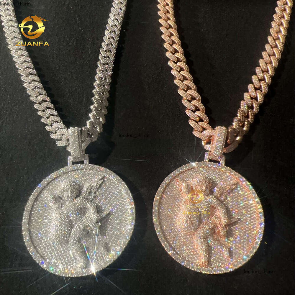 2.5inch Diameter Rose White Gold Plated Iced Out Sterling Sier Hip Hop Jewelry VVS Moissanite Angel Pendant