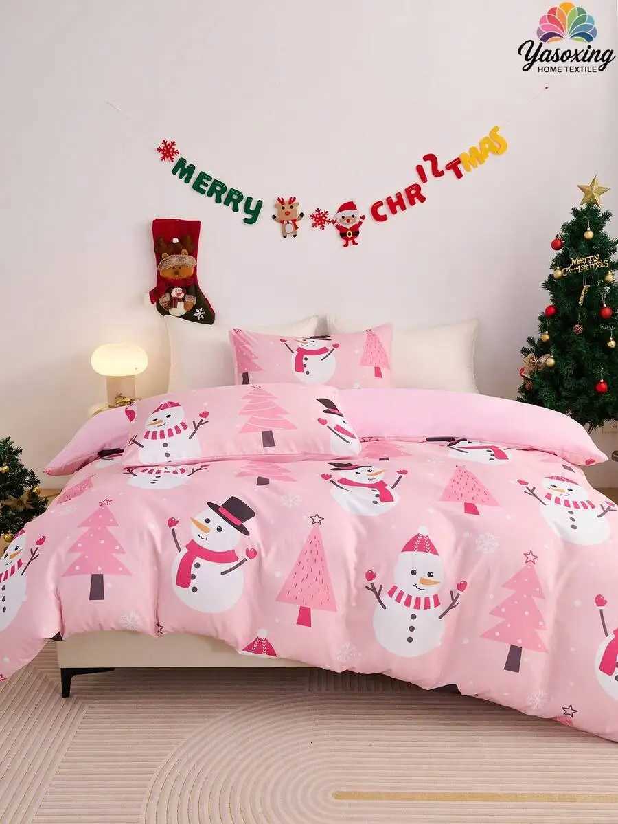 Christmas 2/3pcs Pink Christmas Snowflake Gift Gingerbread Man Snowman Pattern Reversible Color Duvet Cover Bedding Set Soft Breatheable Y251126