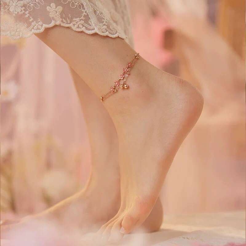 Designer 2025 Peach Blossom Bell Anklet for Women, Adjustable Double-Layer Chinese Style Foot Chain, Valentine's Gift/Birthday Present