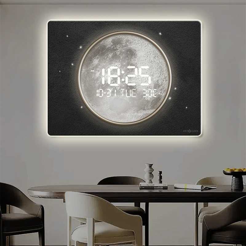 Large Size Digital Wall Clock with LED LightThe Moon Pattern Muted Quartz Wall Clock for Home Decoration C251126