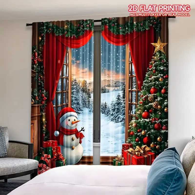 Curtain Christmas 2pcs Joyful Snowman Christmas Pattern Curtains Festive Design Light - Filtering Polyester Curtains for Christmas Home Windows Y25112