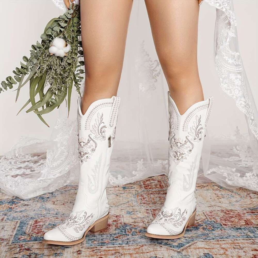Cowboy For Women Wide Calf Sparkly Cowgirl Women Knee High Western Rhinestone Boots, Glitter Sparkle Ladies Country With Classic Embroidery, Pointed T