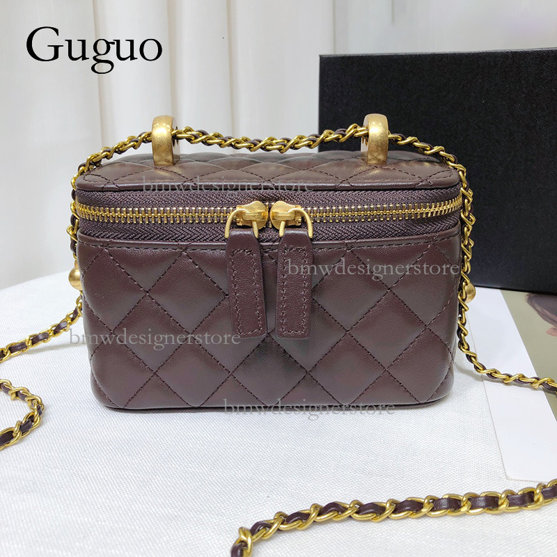 Guguo Designer Luxury Leather Mini Shoulder Bag Sheepskin Totem Box Handbag Women's Fashion Golden Ball Chain Lipstick Crossbody Bag Chanel Style