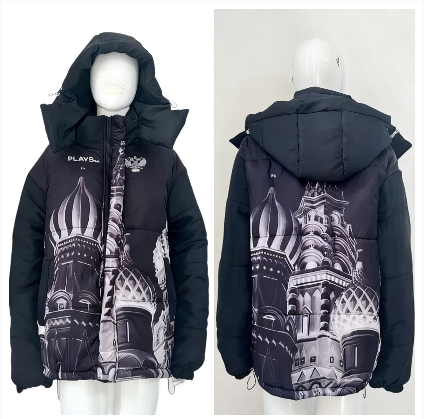 Men's Down PLAYSCLO Jacket Handprint Pattern Hooded Balaclava Cotton Street Style Windproof & Waterproof Russian Niche Design Warm Unisex