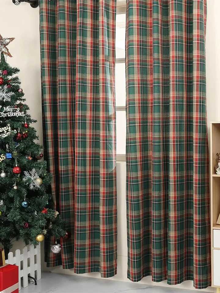 Christmas 1pc Christmas Green Plaid Grommet Curtain Festive Window Decor for Holiday Living Room Dining Room Y251126