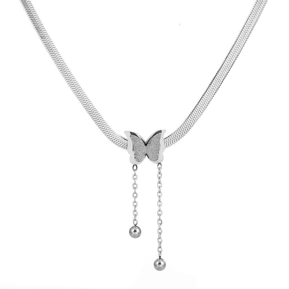 Niche stainless gold-plated frosted butterfly tassel thin chain pendant, fashionable snake bone chain, titanium steel necklace for women