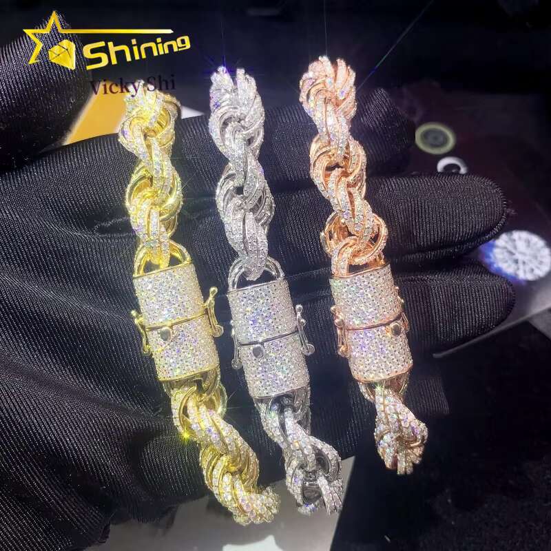 Fine Jewelry Sier Gold Plated 6MM 10MM Rope Hip Hop Moissanite Men Chain Necklace Pass Dia Tester