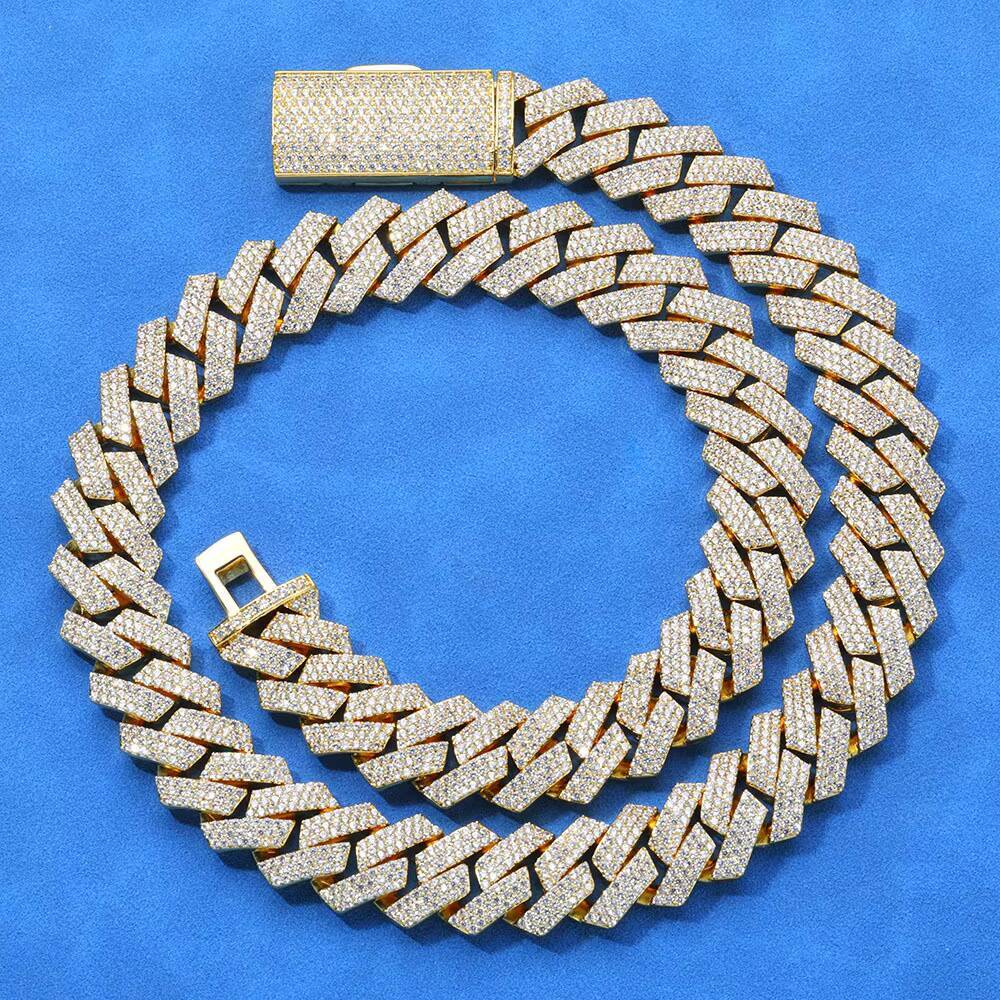 Three Rows Full Diamonds S925 Silver Moissanite Necklace for Men Hip Hop Rhombus Cuban Chain Style
