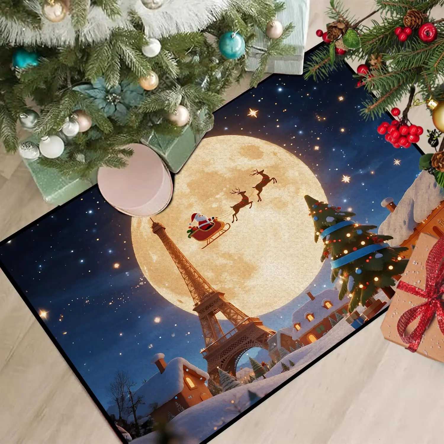 Christmas Rugs for Bedroom Santa Claus Holiday Decor Area Rugs with Eiffel Tower Xmas Kitchen Rug Romantic Night Santa ClausM251126