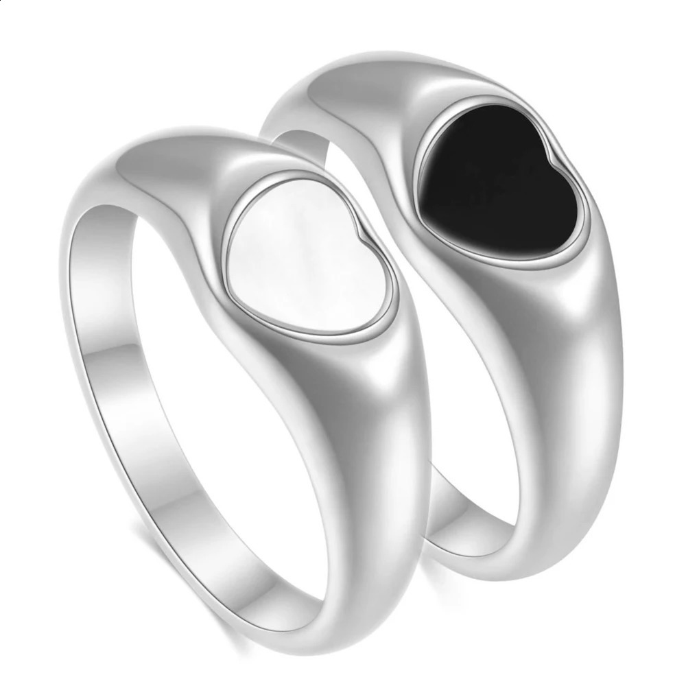 Black Enamel Statement Heart Pinky Ring For Women Valentine Day Gift Stainless Steel White Shell Anillo Mujer Jewelry Accessory 250425