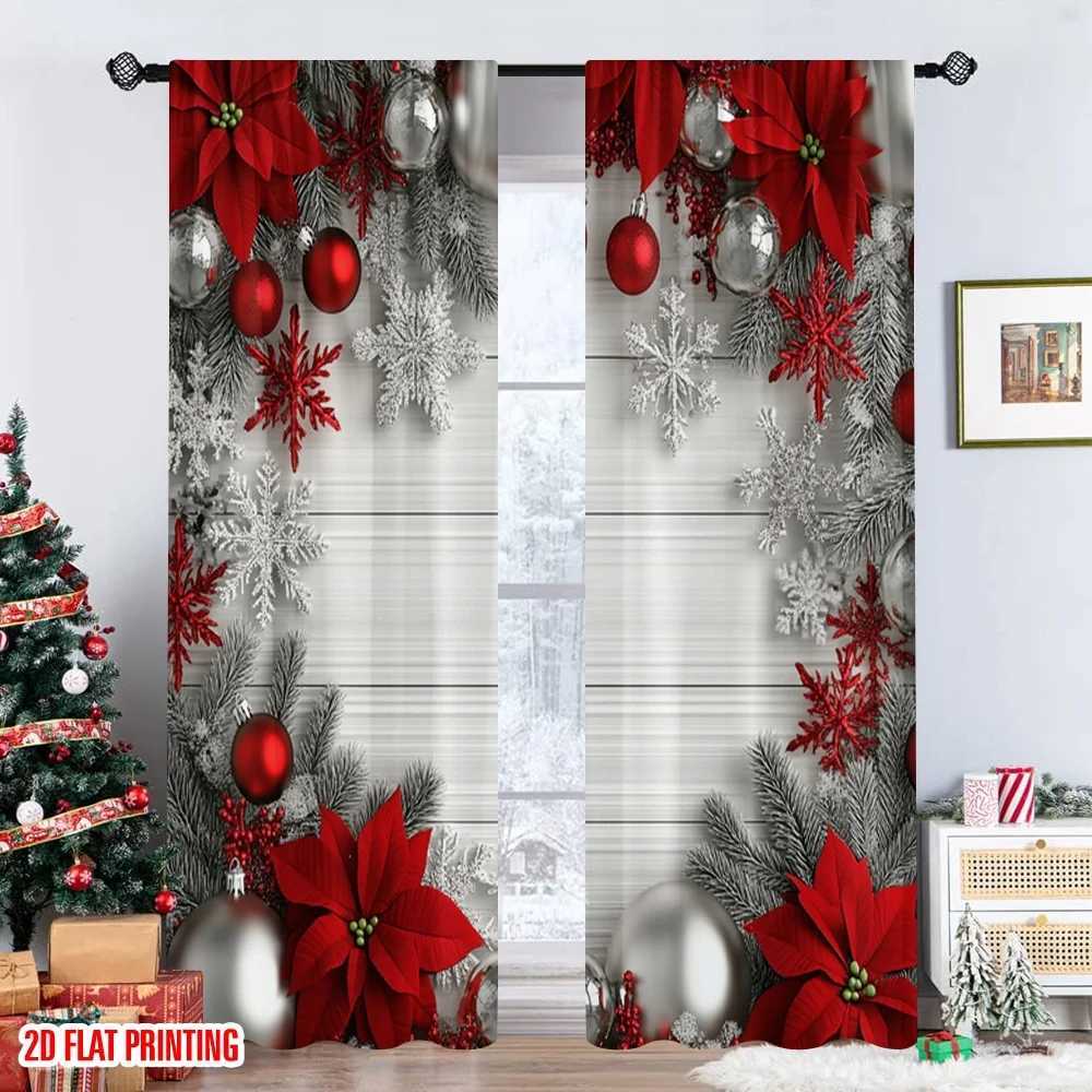 Curtain Christmas 2pcs 2D flat printing Merry Christmas Window Curtains Christmas Ornaments Red Silver Snowflakes 2 Polyester Without Y251126