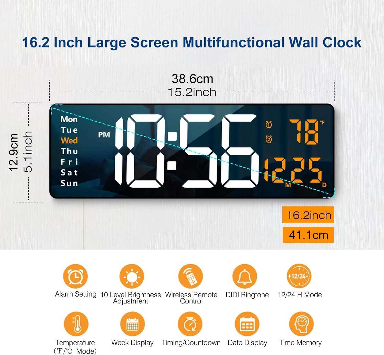 Large Digital Wall Clock with Remote Control 16inch/41cm Electronic Watch with Big LED Screen Dispaly Date Week Temperature C251126