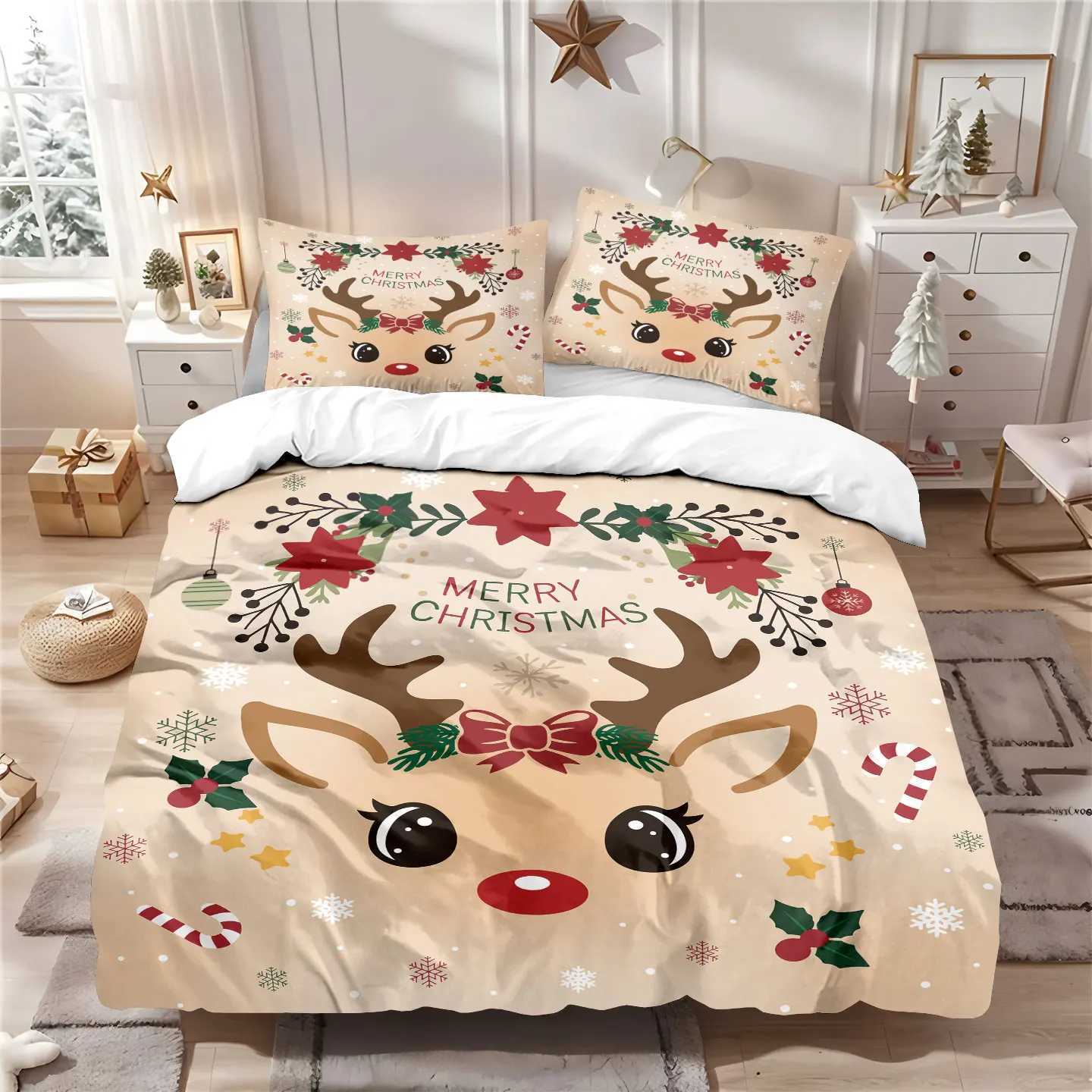 Christmas 3pcs Christmas Cute Reindeer Printed Chipless Bedding Set Multi Size Bedding Decoration for Bedrooms and Dormitories Machine W Y251126