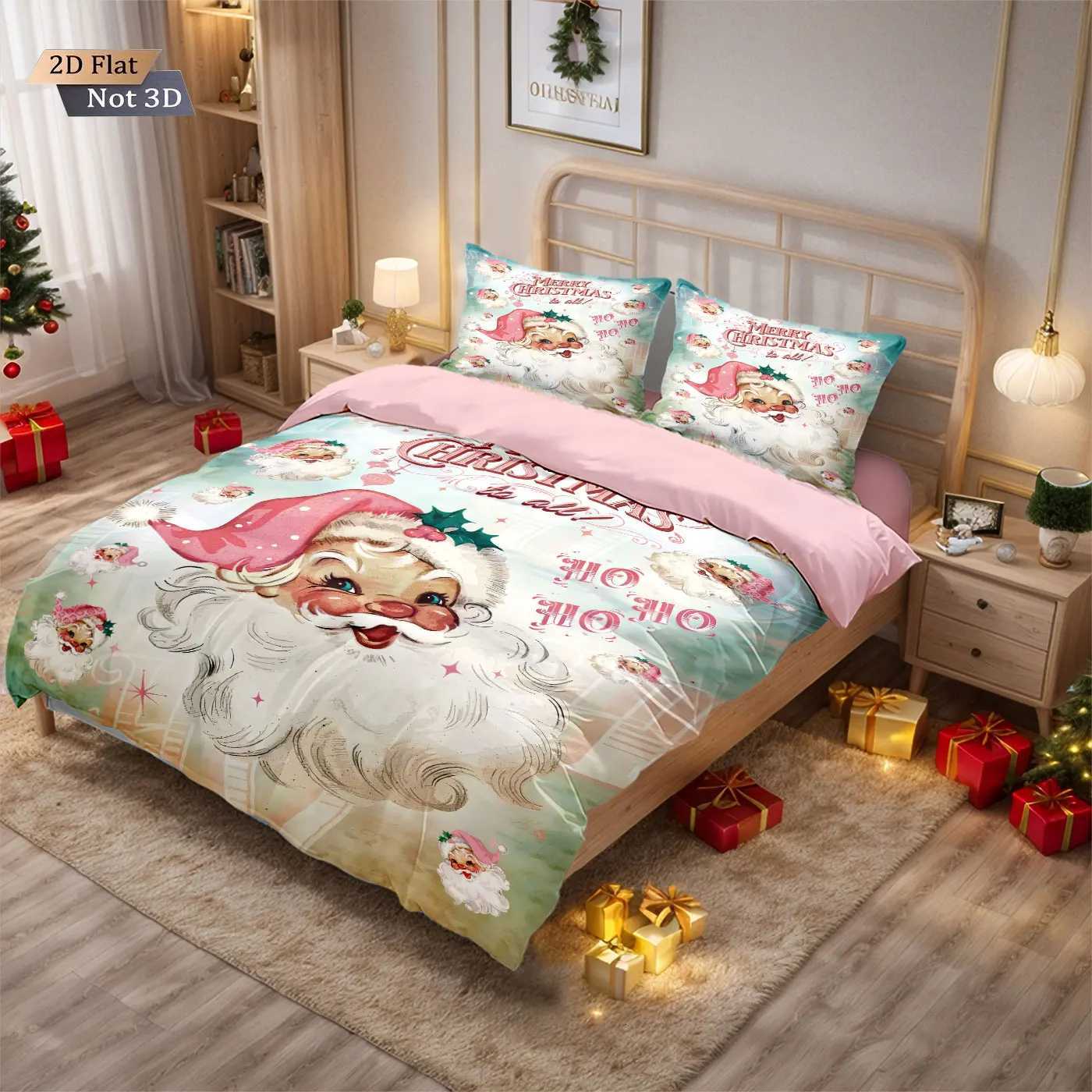 Christmas 3pcs Merry Christmas Pink Santa Claus Printed Chipless Bedding Set Multi Size Bedroom Bedding Decoration Machine Washable Y251126