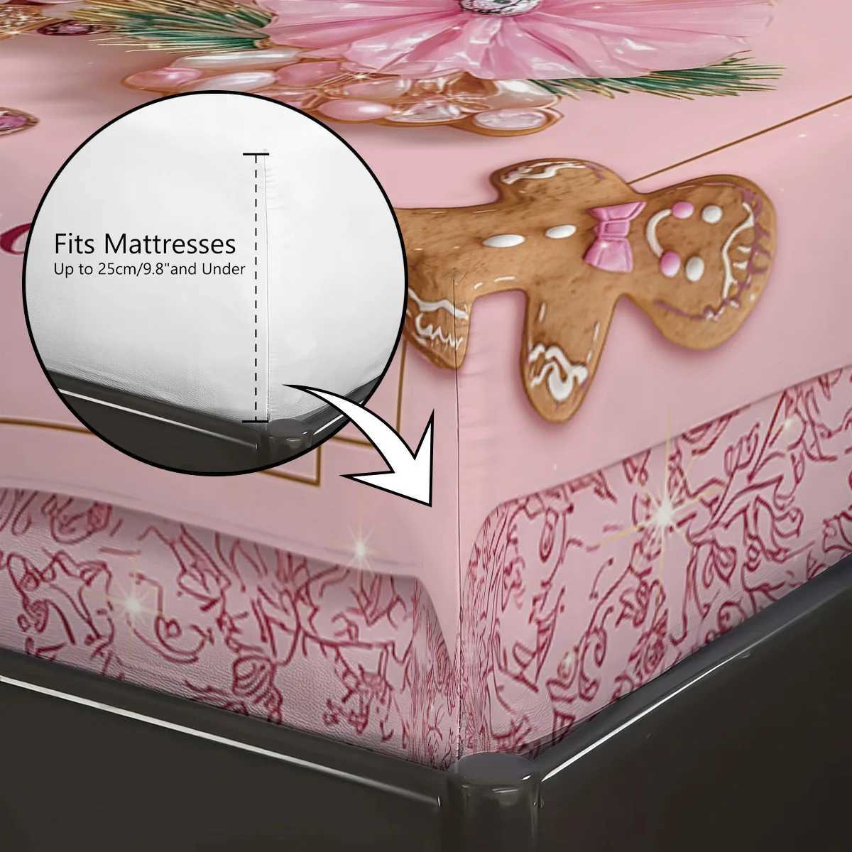 Christmas 3pcs pink Christmas Tree Gingerbread man Print Coreless Bed Sheet Set Multi Size Bedcover Bedroom Bedding Holiday Decorations Y251126