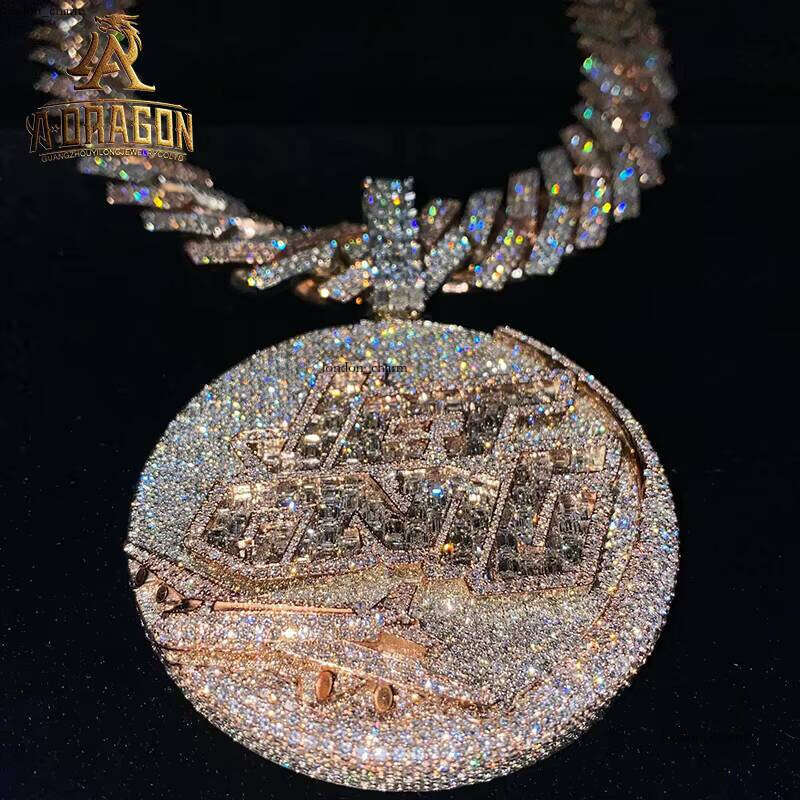 Iced VVS Moissanite Long Stick Coin Design Hip Hop Pendant Men's Cuban Chain