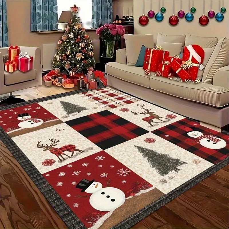 Christmas Carpet Snowman Christmas Tree Reindeer Print Mat for Dining Rooms Living Rooms Game Rooms Non-slip Festive Decor RugM251126
