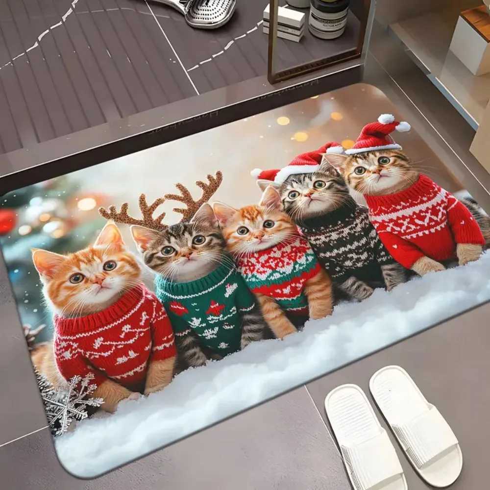 1Pc Christmas Cute Cat Print Doormat Non-Slip Microfiber Polyester Rug Machine Washable For Home Entryway Bedroom Living RoomM251126