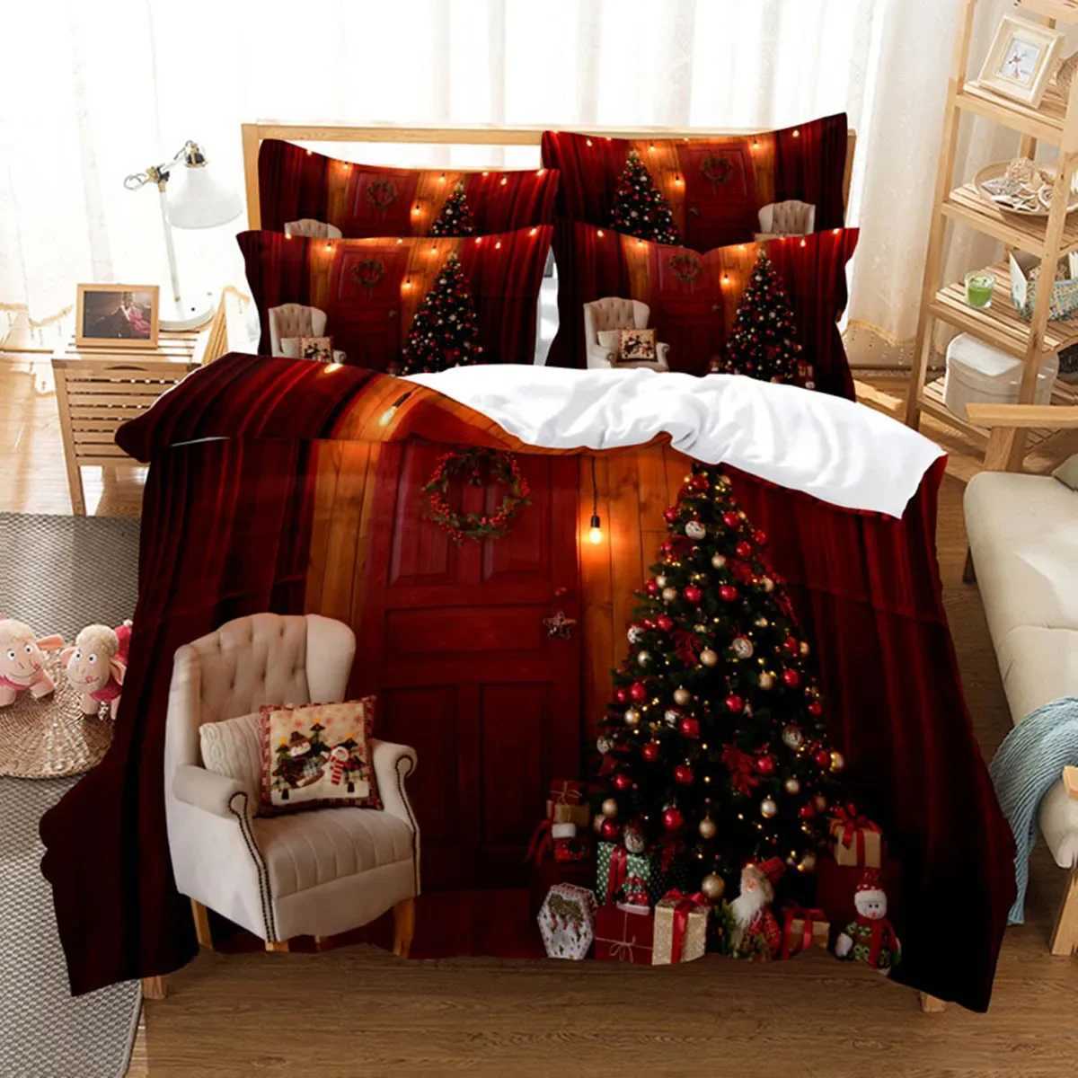 Christmas Christmas Duvet Cover Queen King Golden Christmas Tree Blue White Bedding Set Warm Christmas Gifts Room Decoration Children Kids Y251126