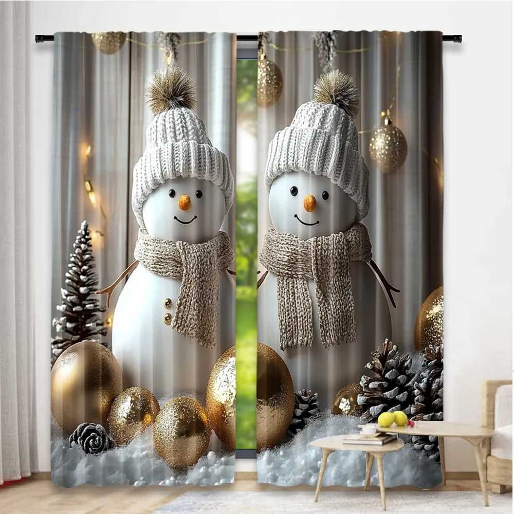 Curtain Christmas 2D flat printing 2pcs Happy Christmas fashion curtains Christmas snowman with golden orbs Digital Printed Polyester Drapes Y251126