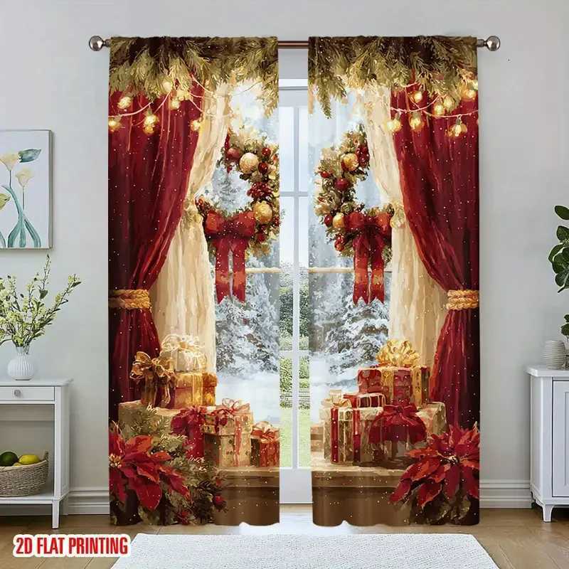 Curtain Christmas 2pcs Luxurious Christmas wreath patterned curtains gorgeous design filter polyester curtains for Christmas family windows Y251126