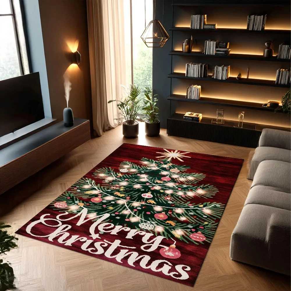 Christmas Tree Carpet Mat Rug with Poinsettia Gold Ornaments Gift Box Candy Cane Merry Christmas Home Decoration Bedroom DecorM251126