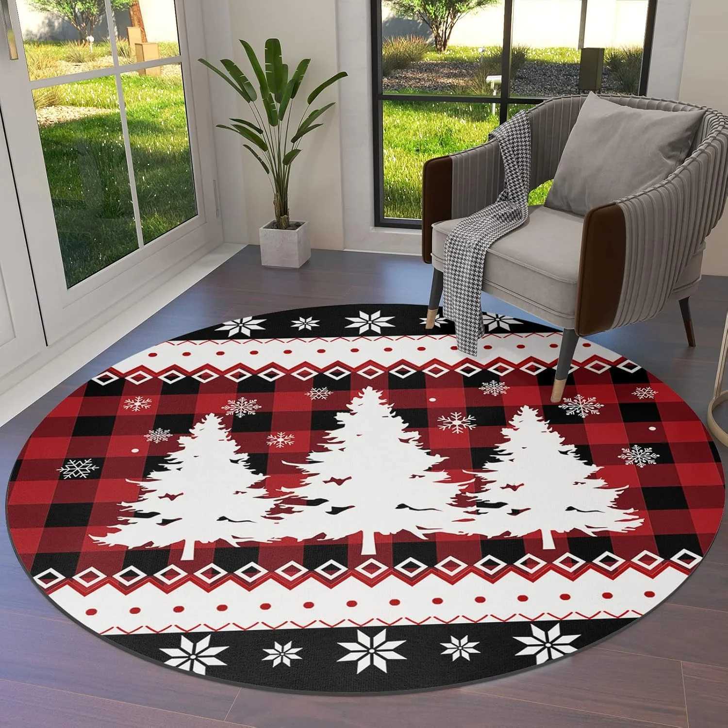 Christmas Round Area Rug White Snowflake Floor Carpets Washable Indoor Floor Area Mat for Living Room Kitchen Bedroom NurseryM251126