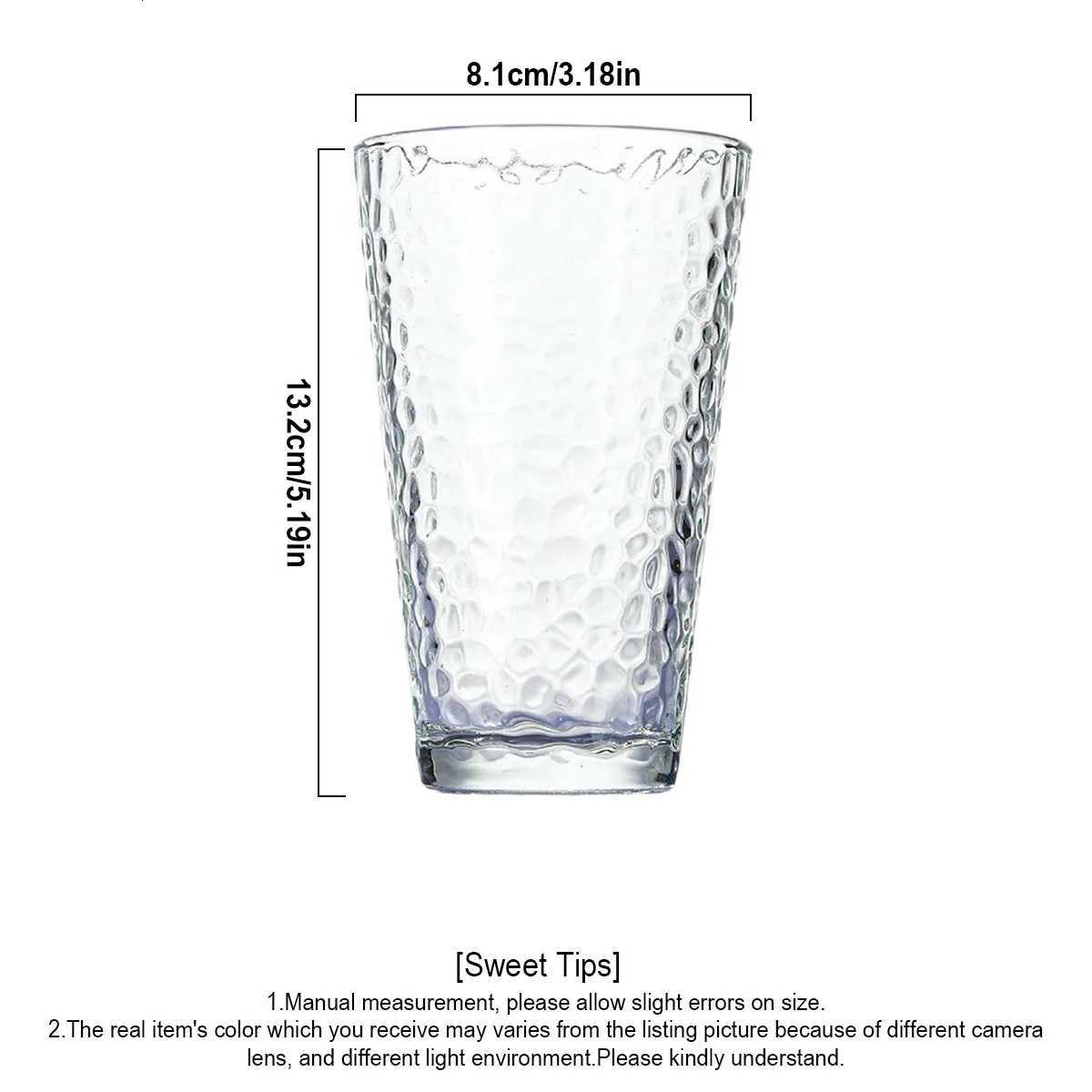 6 Pack Hammered Glass Cups Set 12oz/360ml Dishwasher Safe Cocktail Drinking Glasses Clear Heavy Base Stemmed Water Glasses C251126
