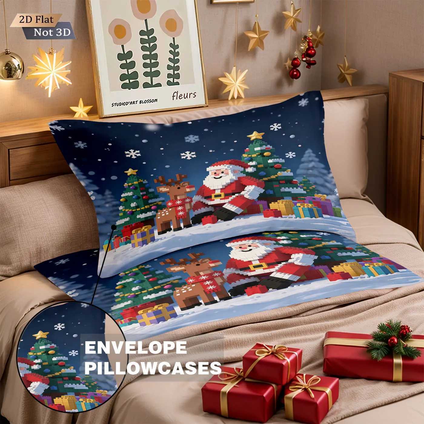 Christmas 3pcs building block cartoon Santa Claus print coreless duvet cover set multi size bedroom holiday bedding holiday decoration Y251126