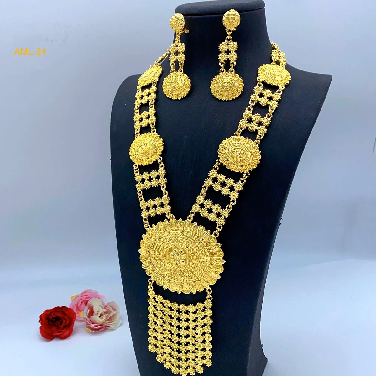 ANIID Indian Fashion 24k Gold Color Charm Necklace And Earrings Set African Wedding Jewelry Sets Bridal for Dubai Party Gifts w251121 - view 3