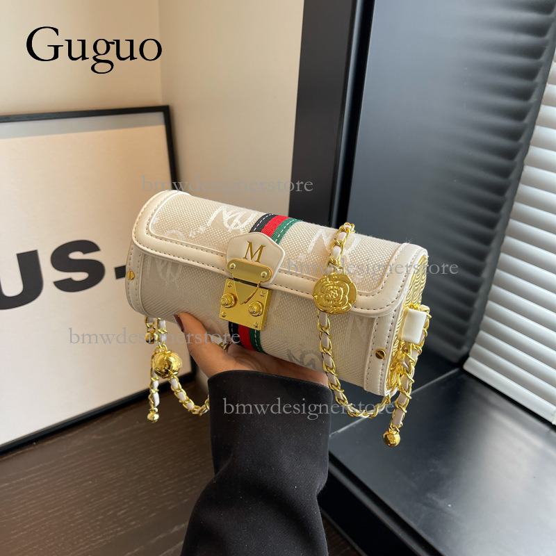 Guguo Designer Luxury Women's Vintage Floral Handbag Retro Fashion Metal Buckle Chain Shoulder Crossbody Bag Lightweight And Trendy Printed Strip