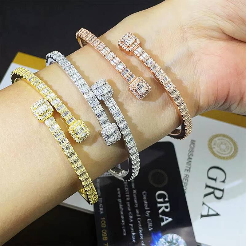 Hip Hop Jewelry 925 Sterling Silver Iced Out VVS Baguette Moissanite Bracelet T Square Diamond Cuban Link Bangles for Women Men