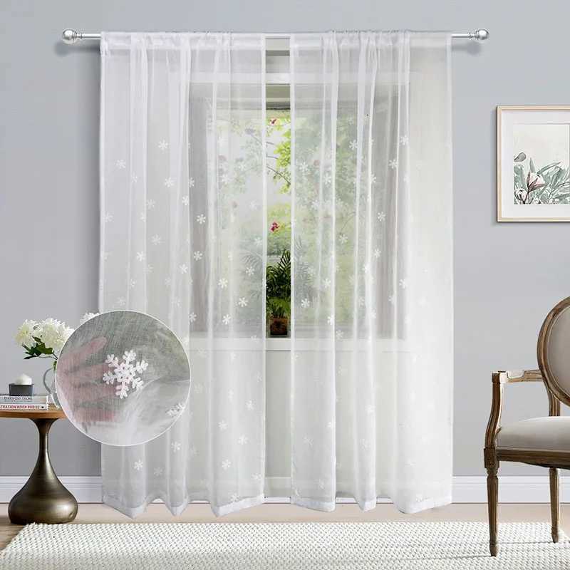 Curtain Christmas Christmas Home Decor White Romantic Snowflake Embroidery Tulle Curtain Imitation Linen Elegant Curtain For Living Room Bedroom Y2511