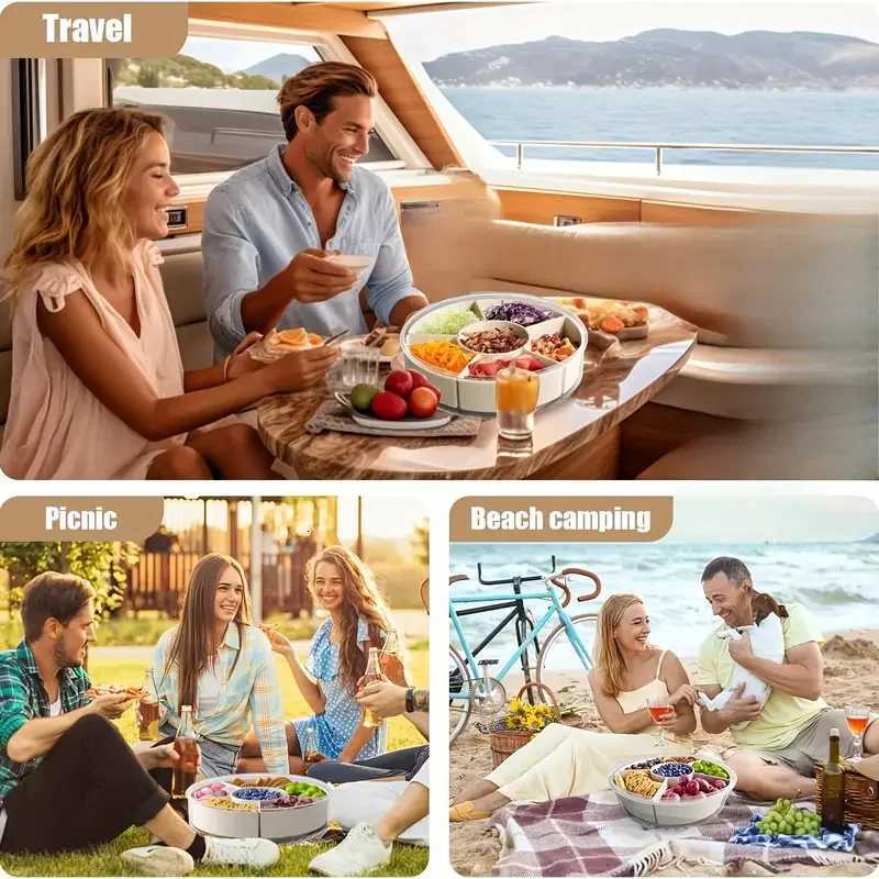 Divided Rotating Serving Tray with Lid and Handle Portable Snackle Box for Fruits Snacks Veggie Charcuterie Clear Snack Spinne Y251126