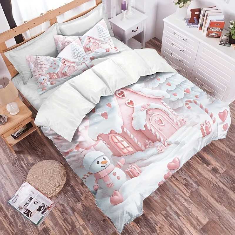 Christmas 3pcs Christmas print quilt set Pink snowman bedding romantic winter gingerbread house design soft bedroom decor heart pattern Y251126