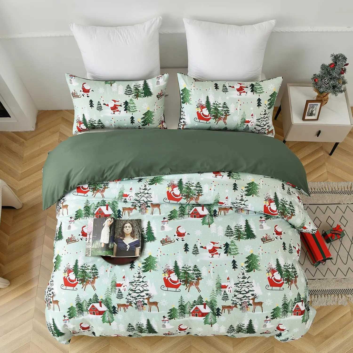 Christmas Green Christmas Duvet Cover Set - Double Santa Claus Christmas Tree Snowflake Pattern Soft Microfiber Bedding Set Y251126