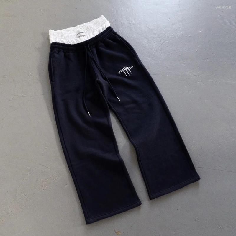 Men's Pants Casual Double Waist Head Fake Two Pieces Loose Straight Pant Hip-hop Fashion Street Sport Couple Embroidery Pattern Jogging Men'